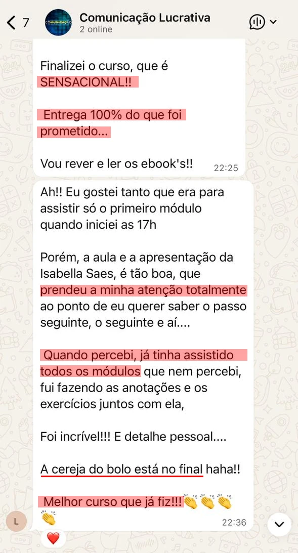 Depoimento: Finalizei o curso, que é sensacional. Melhor curso que já fiz.