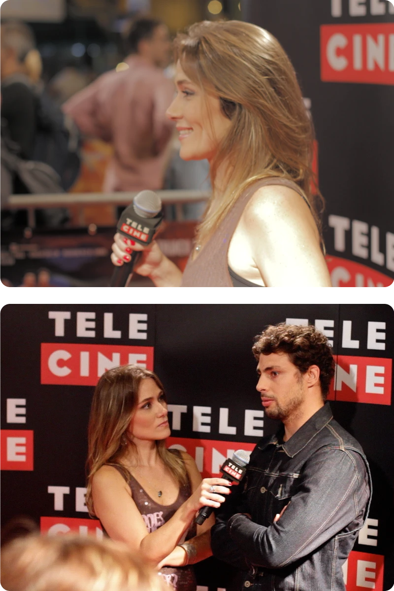 Isabella Saes entrevistando no tapete vermelho do Telecine